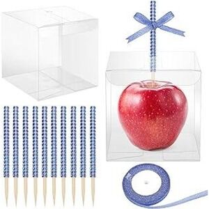 Zhehao 100 Set Candy Apple Kit Royal Blue Bling Skewers Clear Boxes Ribbon DIY